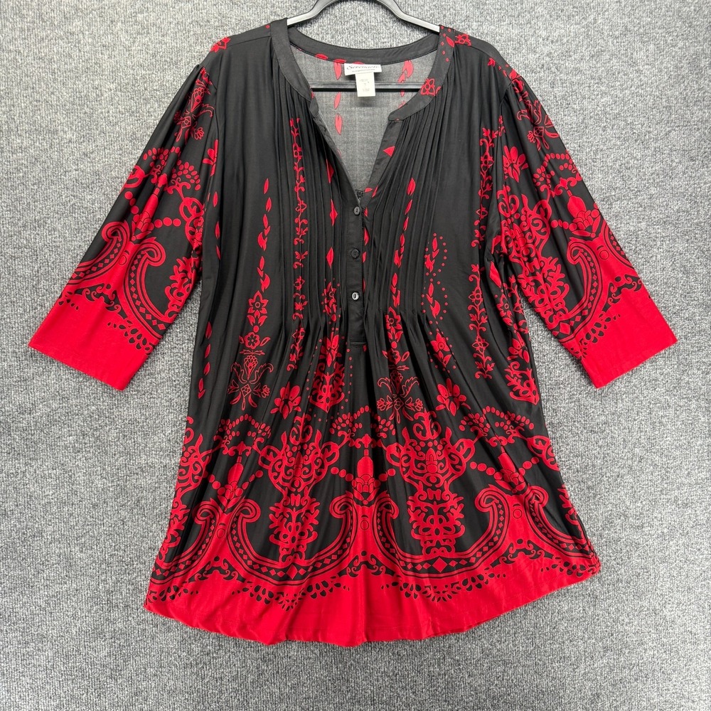 Serengeti Top Womens 1X Black Red Floral Tunic V-Neck Resort Coastal Vacation